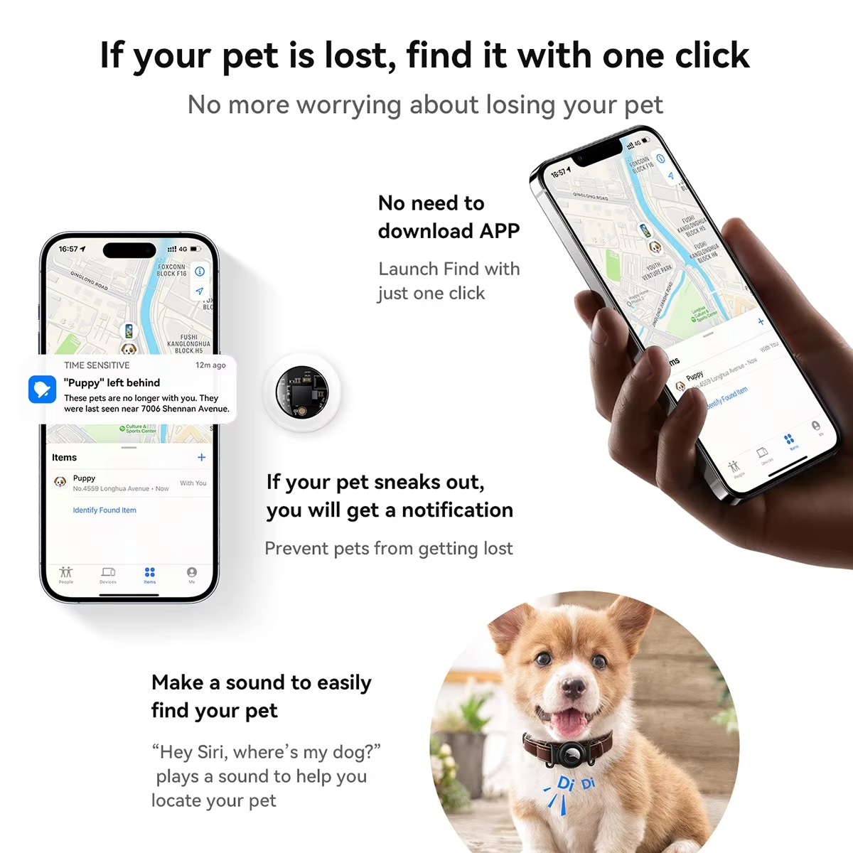 GPS Pet Tracker for Dogs & Cats β No Monthly Fee Smart Tracker Compatible with Apple Find My