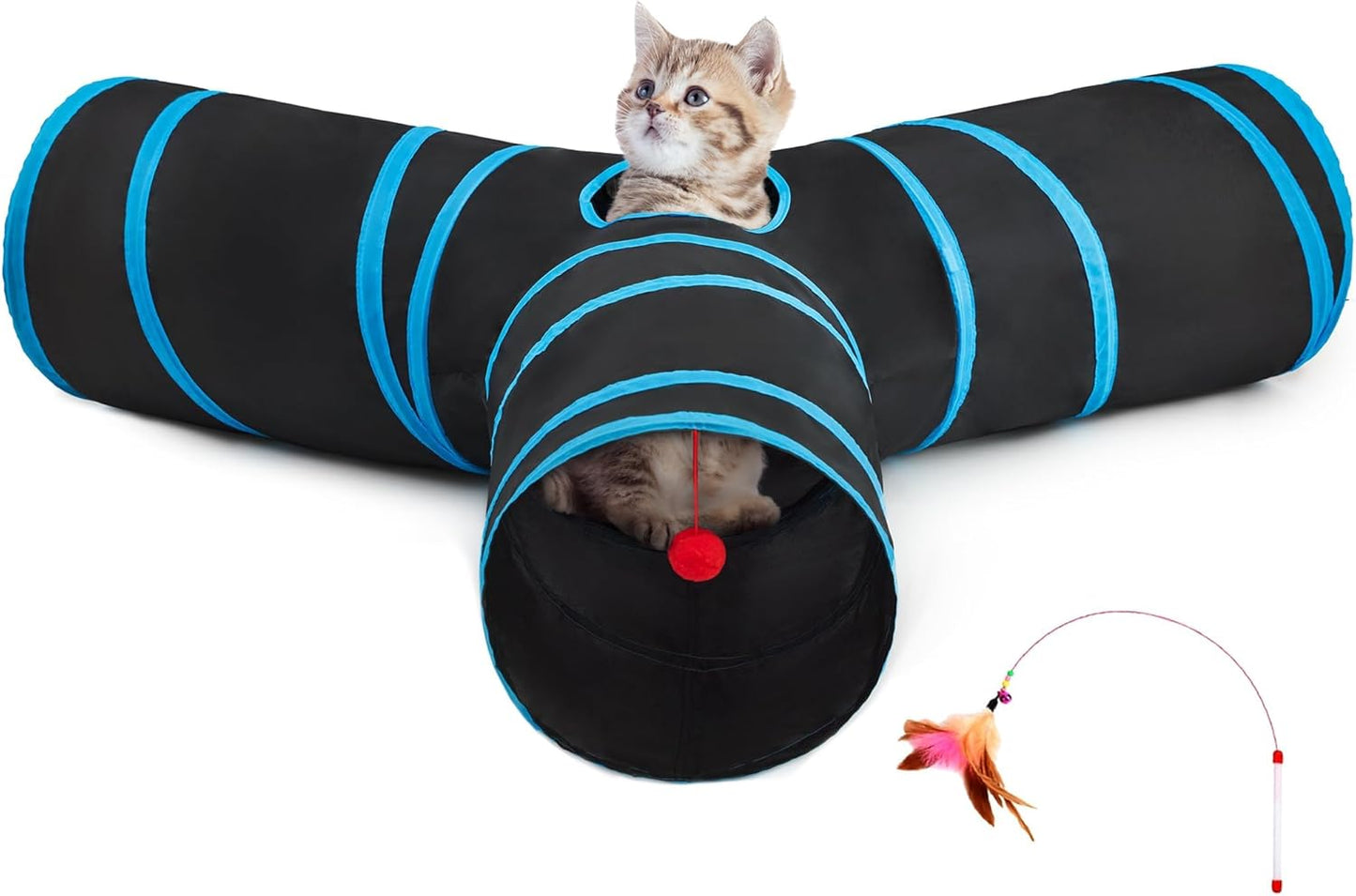 3-Way Interactive Cat Tunnel – Foldable Crinkle Play Tunnel with Peek Hole & Hanging Ball for Indoor Cats and Kittens