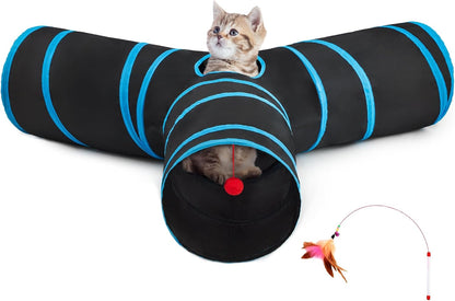 3-Way Interactive Cat Tunnel – Foldable Crinkle Play Tunnel with Peek Hole & Hanging Ball for Indoor Cats and Kittens