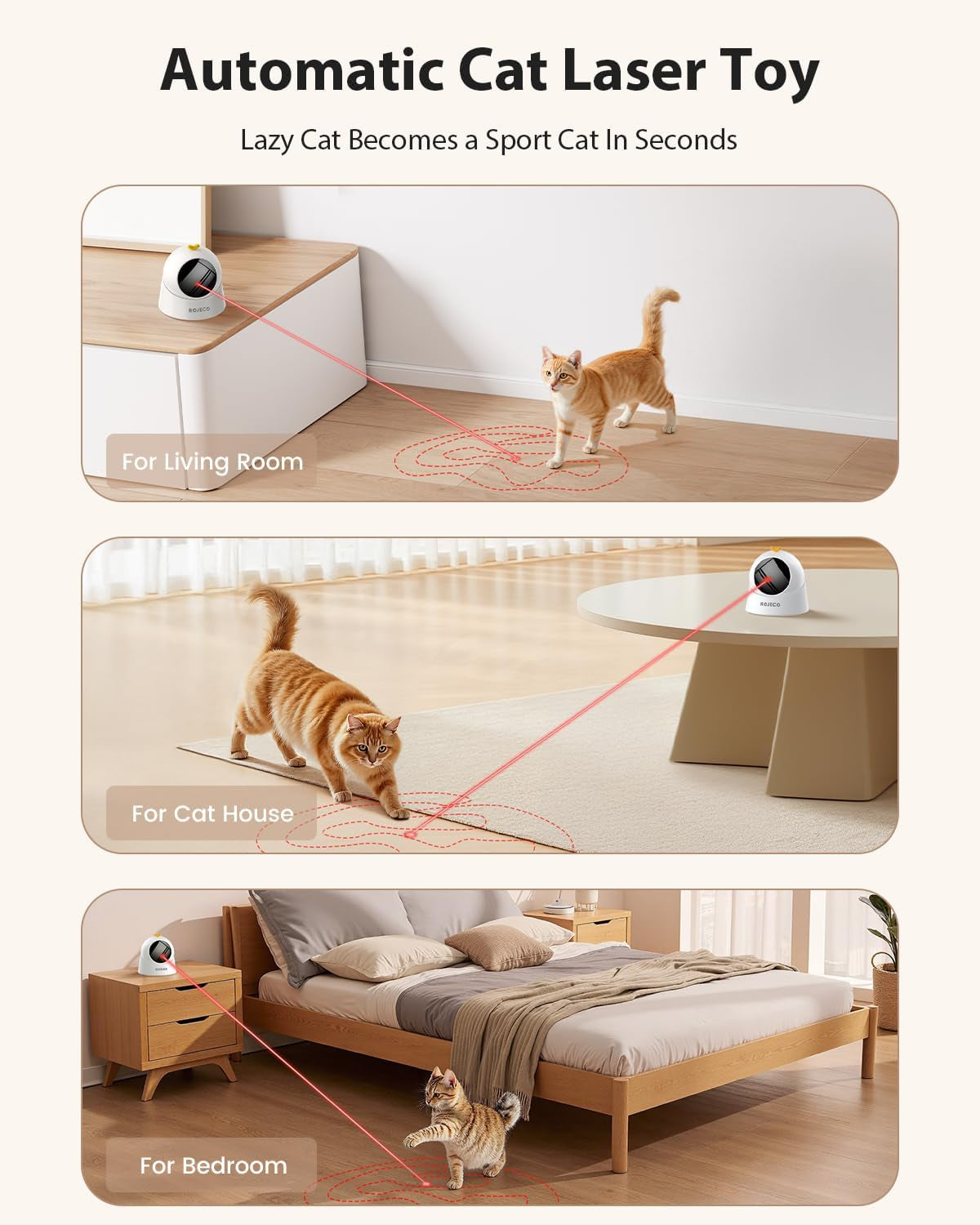 ROJECO Automatic Laser Cat Toy | 360° Interactive Trajectory | USB Rechargeable | Auto Shut-Off | Indoor Cat Exercise Toy