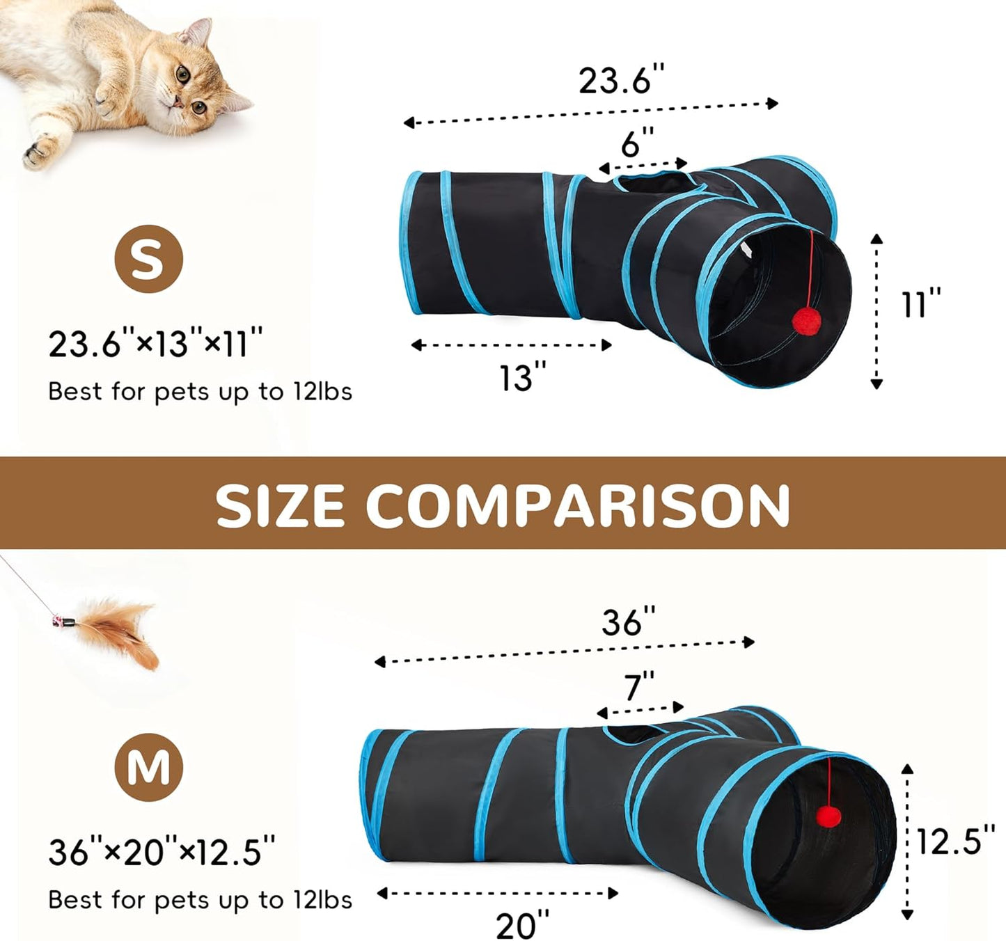 3-Way Interactive Cat Tunnel – Foldable Crinkle Play Tunnel with Peek Hole & Hanging Ball for Indoor Cats and Kittens