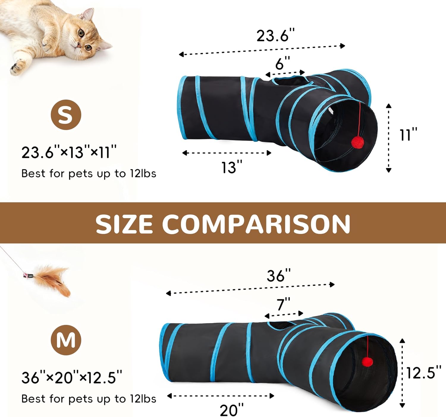 3-Way Interactive Cat Tunnel – Foldable Crinkle Play Tunnel with Peek Hole & Hanging Ball for Indoor Cats and Kittens
