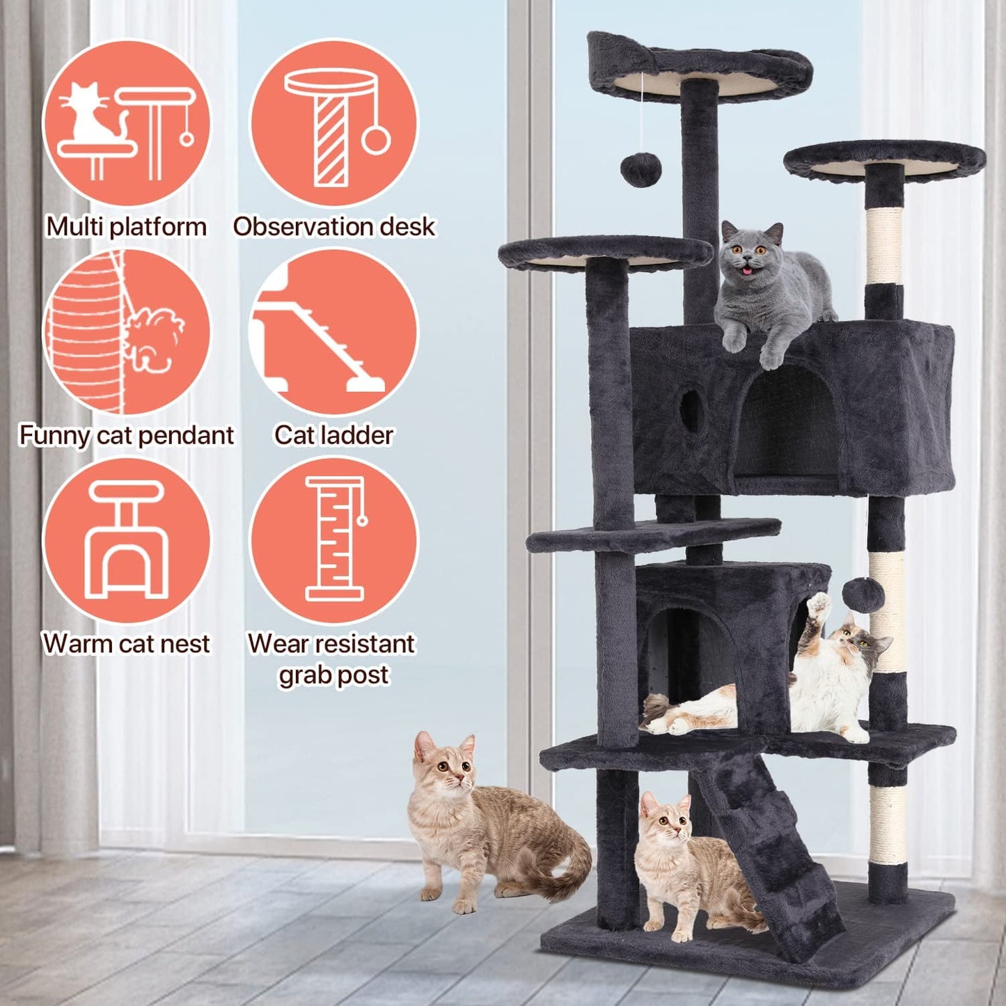 54-Inch Cat Tree Tower – Multi-Level Condo Playhouse with Scratching Posts and Perches for Indoor Cats