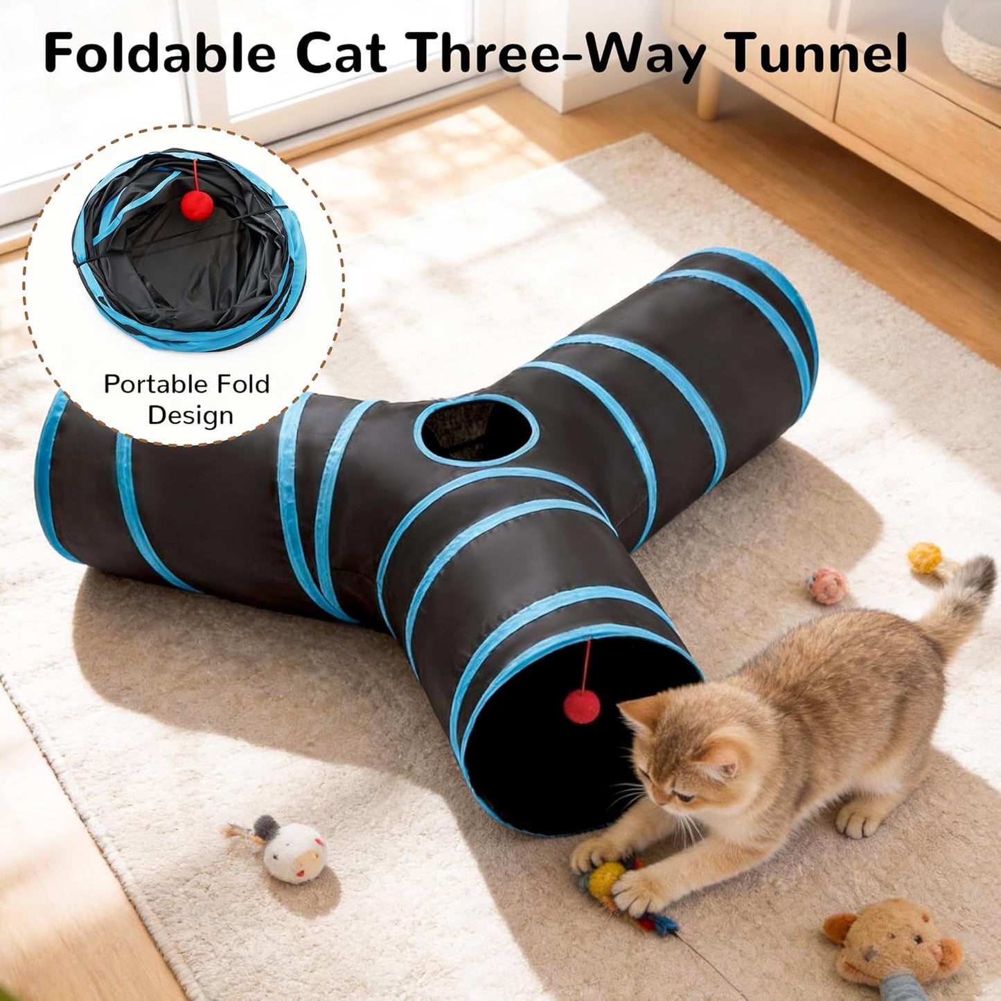 3-Way Interactive Cat Tunnel – Foldable Crinkle Play Tunnel with Peek Hole & Hanging Ball for Indoor Cats and Kittens