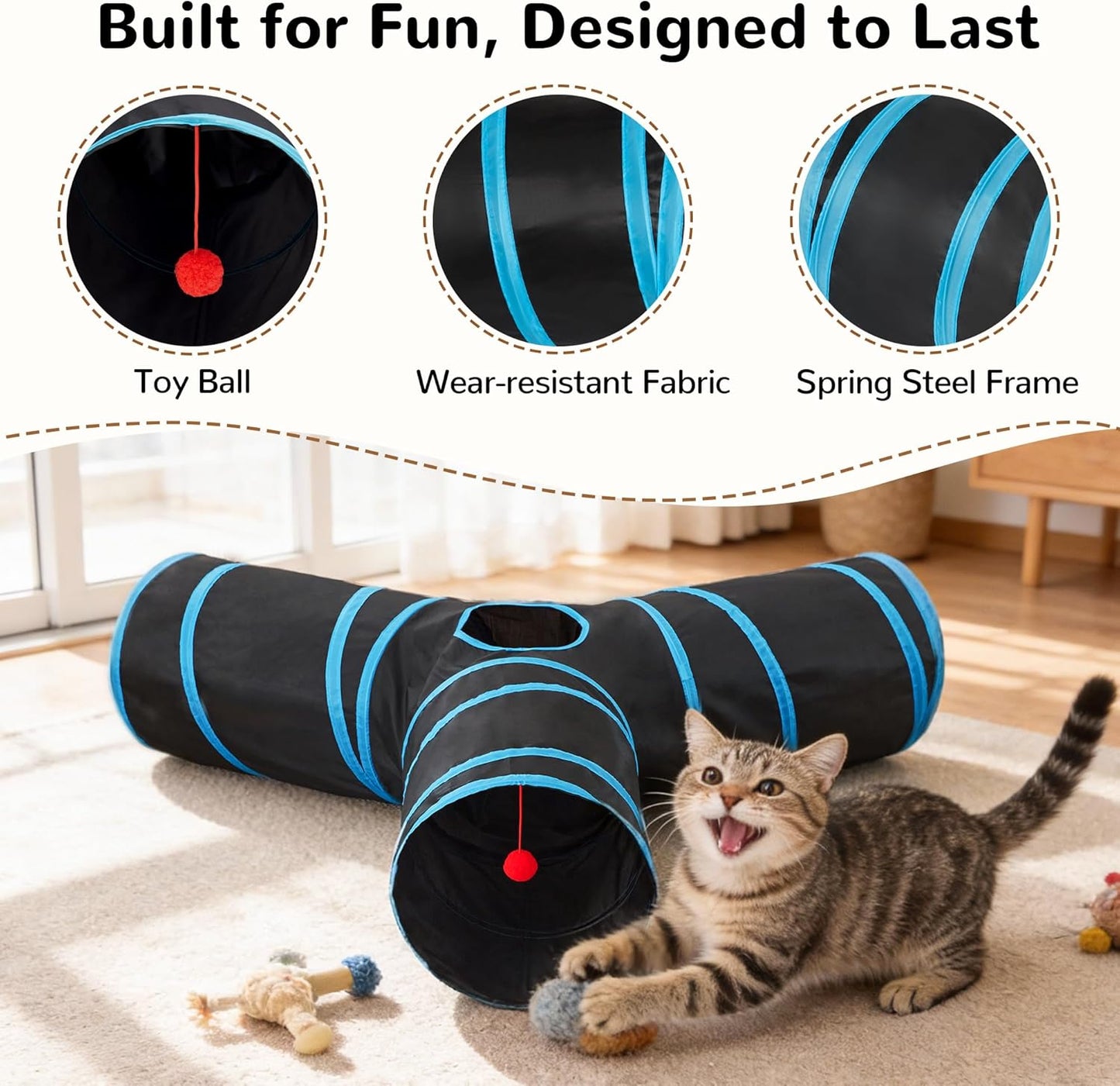 3-Way Interactive Cat Tunnel – Foldable Crinkle Play Tunnel with Peek Hole & Hanging Ball for Indoor Cats and Kittens
