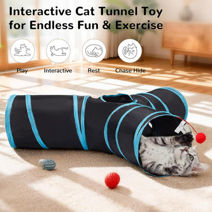 3-Way Interactive Cat Tunnel – Foldable Crinkle Play Tunnel with Peek Hole & Hanging Ball for Indoor Cats and Kittens