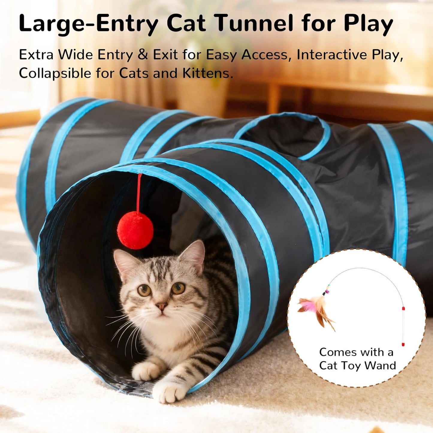 3-Way Interactive Cat Tunnel – Foldable Crinkle Play Tunnel with Peek Hole & Hanging Ball for Indoor Cats and Kittens