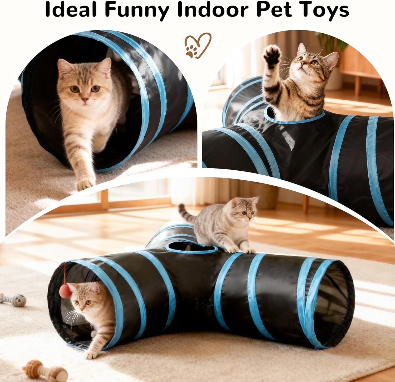 3-Way Interactive Cat Tunnel – Foldable Crinkle Play Tunnel with Peek Hole & Hanging Ball for Indoor Cats and Kittens