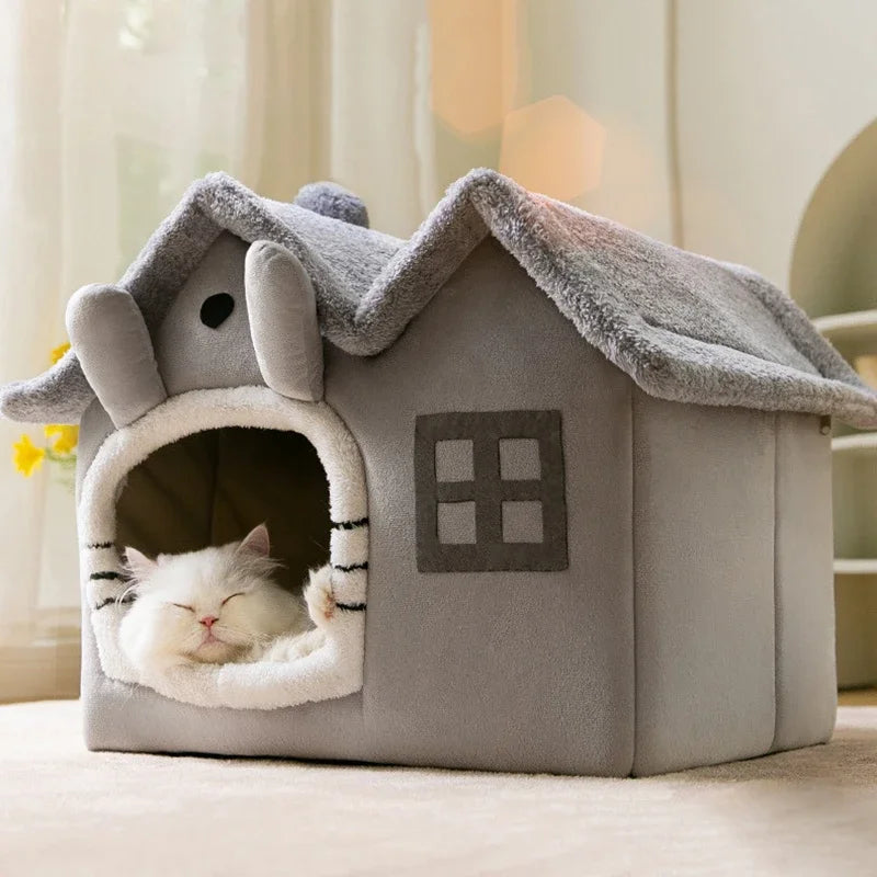 Foldable Cat Cave Bed – Warm Plush Pet House for Cats, Puppies, and Small Dogs