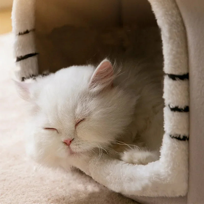 Foldable Cat Cave Bed – Warm Plush Pet House for Cats, Puppies, and Small Dogs