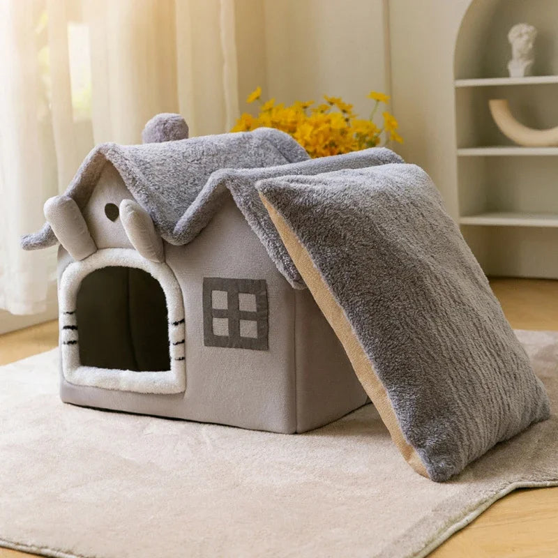 Foldable Cat Cave Bed – Warm Plush Pet House for Cats, Puppies, and Small Dogs
