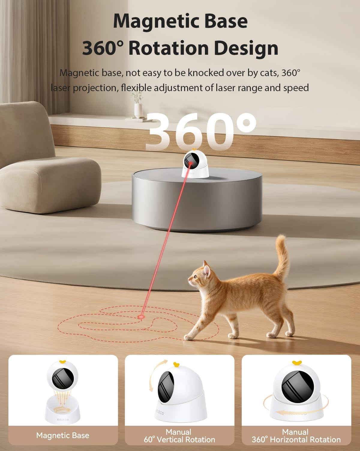 ROJECO Automatic Laser Cat Toy | 360° Interactive Trajectory | USB Rechargeable | Auto Shut-Off | Indoor Cat Exercise Toy